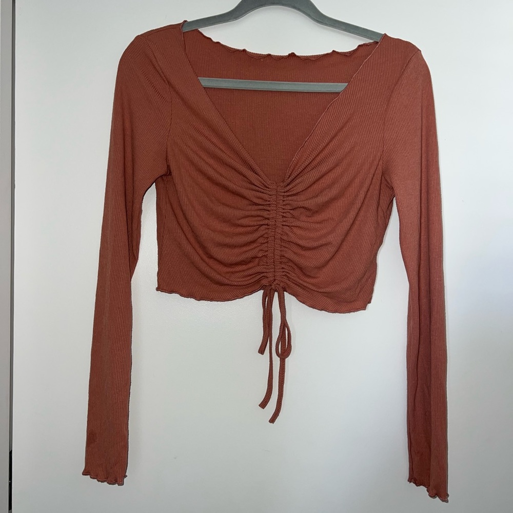 Pink V-neck Drawstring Front Rib-Knit Tee with Lettuce Trim Size Small